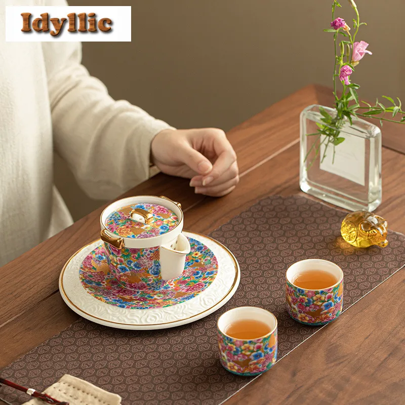 

Дворцовый эмалированный цвет, позолоченный серебряный чайный сервиз, полный набор, ретро-набор для чайной церемонии, чайник и чайная чашка, китайский чайный сервиз, украшения