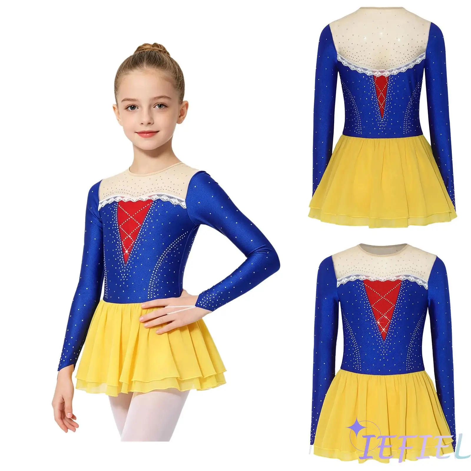 

Girls Princess Ballet Jazz Dance Dress Mesh Patchwork Design Long Sleeve Sparkly Rhinestones Lace Decor Contrast Color Dress