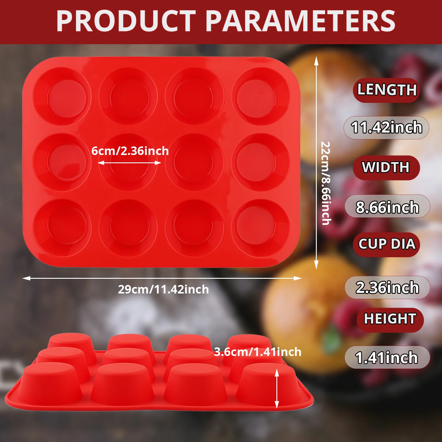 A 12-cavity rectangular silicone baking mold, designed for home baking, suitable for making muffin cups, cupcakes, puddings, jelly, scented candles, and other desserts or handmade products