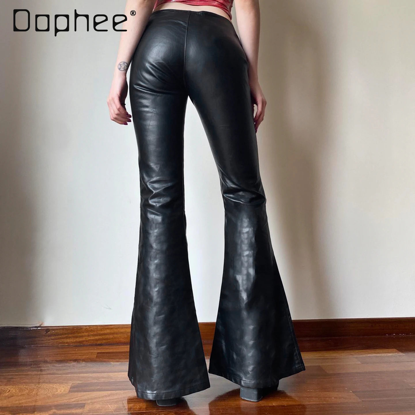 Street Sexy Black Metal Buckle Belt Rivet Leather Pants Women Low Waist Slim Flared Pants Europe and America Long Pants Trendy