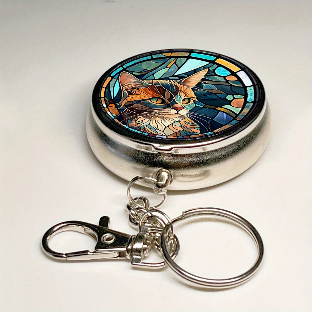 Cute Cat Pattern Stainless Steel Ashtray with Lid - Portable Mini Keychain Travel Ashtray Storage Box, Car Interior Accessories