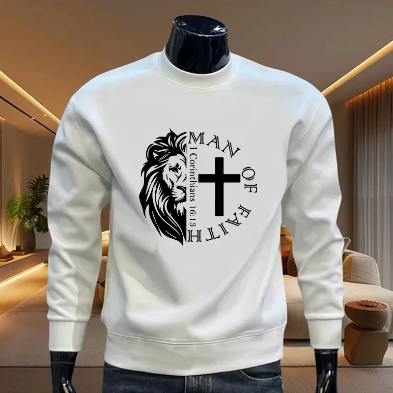 Camiseta Masculina de Manga Longa Casual para Primavera e Outono, Confortável e Quente, Pullover com Estampa Homem da Fé