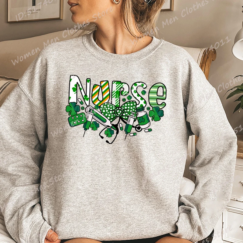 St Patrick's Day Nurse Print Women Pullover Autumn And Winter Casual Ladies Long Sleeve Sweatshirt Plus Size Hoodless Sweatshirt