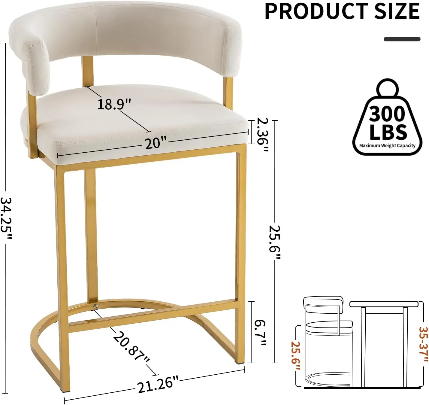 Set of 2 Beige Modern Velvet Bar Stools with Barrel Backrest, Upholstered Seat, and Gold Metal Footrest - 25.6-Inch Seat