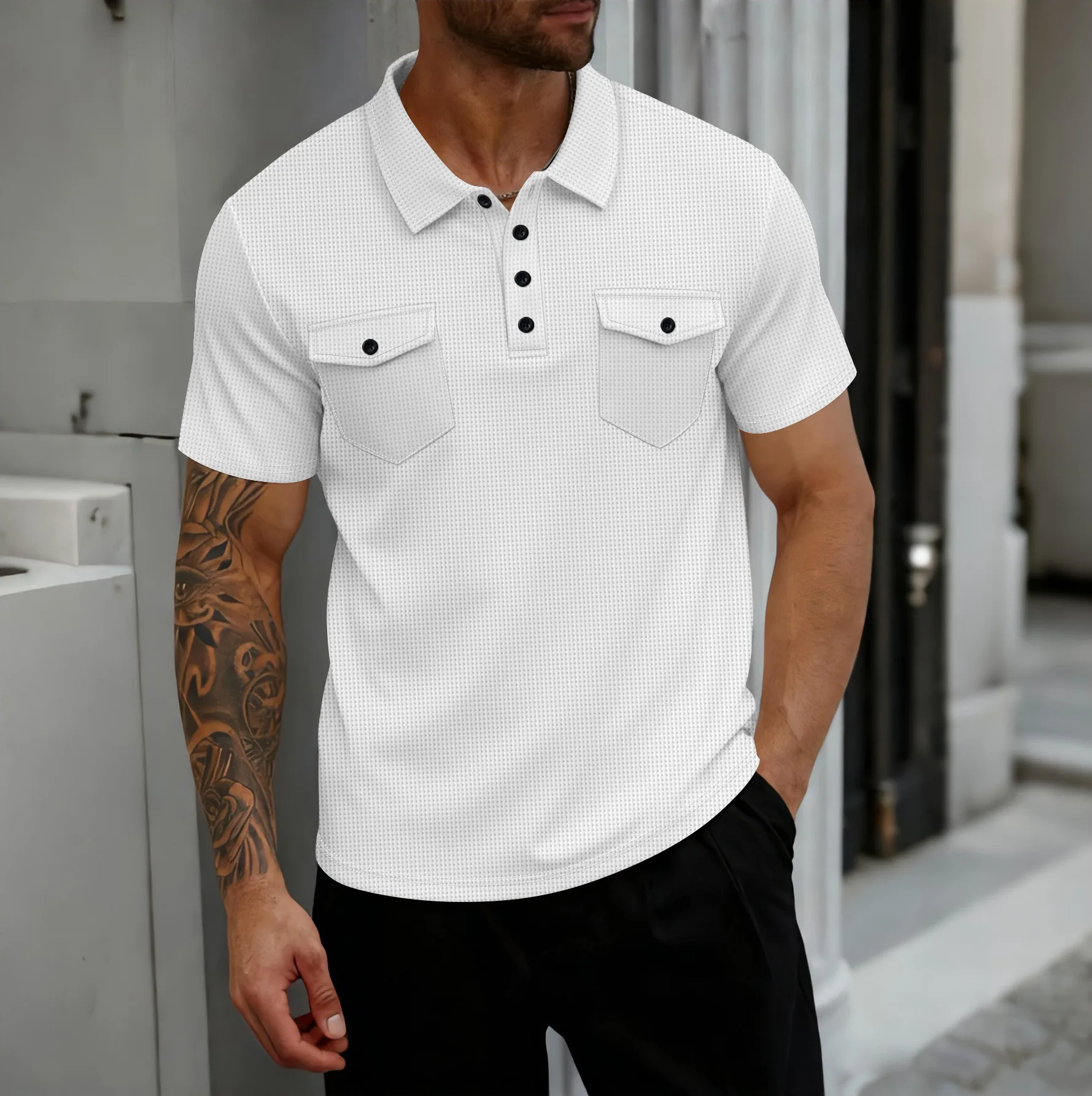 

Summer Men's Waffle Knit Polo Shirt - Short Sleeve, Buttoned Collar, Double Front Pockets, Casual and Breathable Golf Shirt