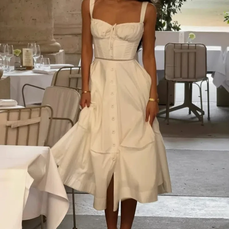 

Elegant Women's Medium Length Dress Summer Fashion Beach Party Y2k Slim Fit Women Versatile Hollow Out Suspender Dress