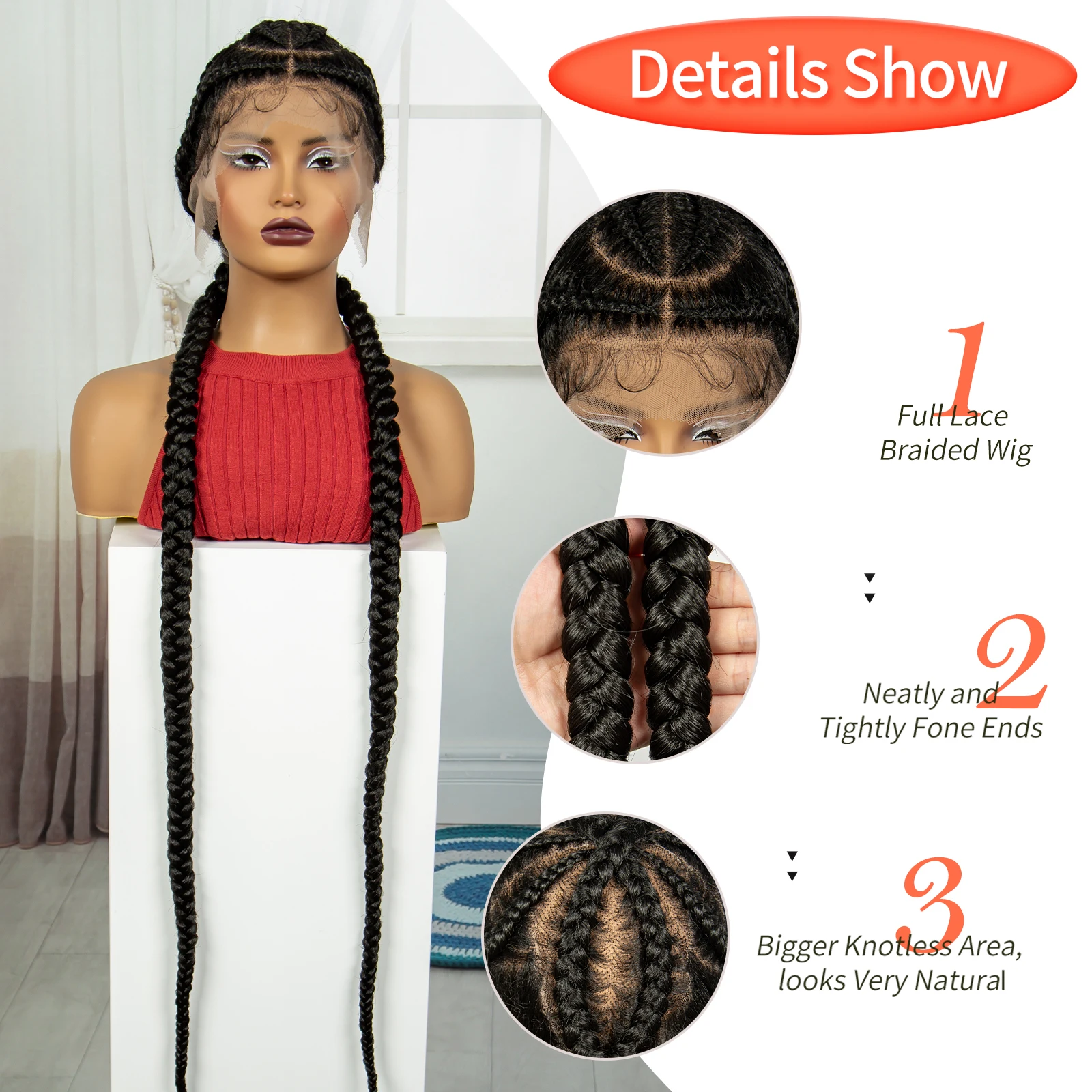 48 นิ้วยาวเต็มลูกไม้ Cornrow ถักวิกผมสังเคราะห์ Kontless Braids วิกผมลูกไม้ด้านหน้าด้านหน้าถักวิกผมลูกไม้สําหรับผู้หญิงสีดํา