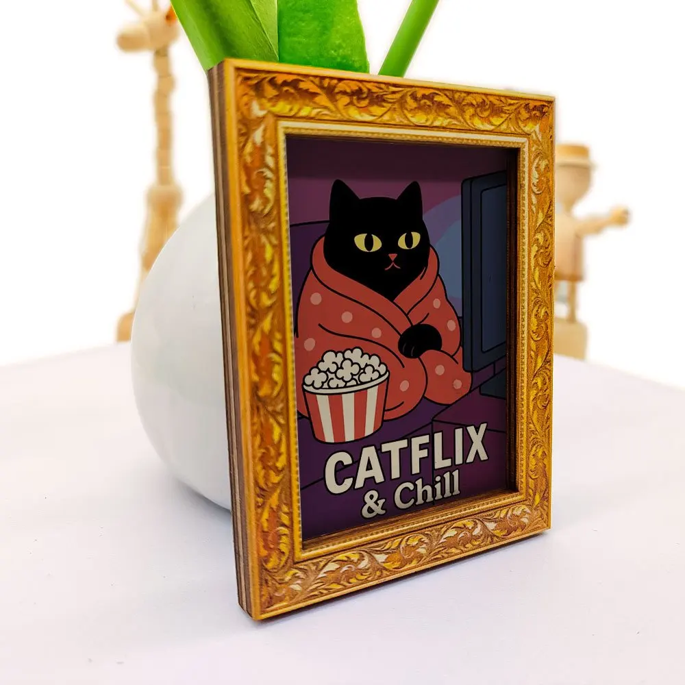 Catflix & Chill Black Cat Fridge Magnet, Mini Framed Art Magnet for Refrigerator, Kitchen Decor & Cat Lover Gift
