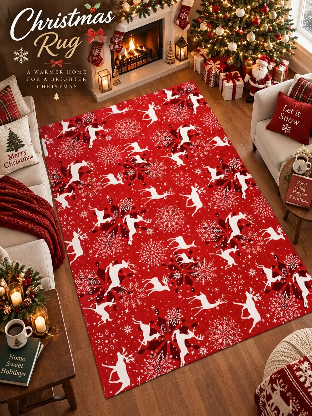 Christmas Rug Pickup Plaid Tree Lettering Floor Decor Carpet Living Room Bedroom Dining Area Entryway Apartment Cabin Winter Home Styling Beside Sofa Coffee Table Housewarming Birthday Gift for Family Friends Neighbors Homeowners Holiday Celebrations