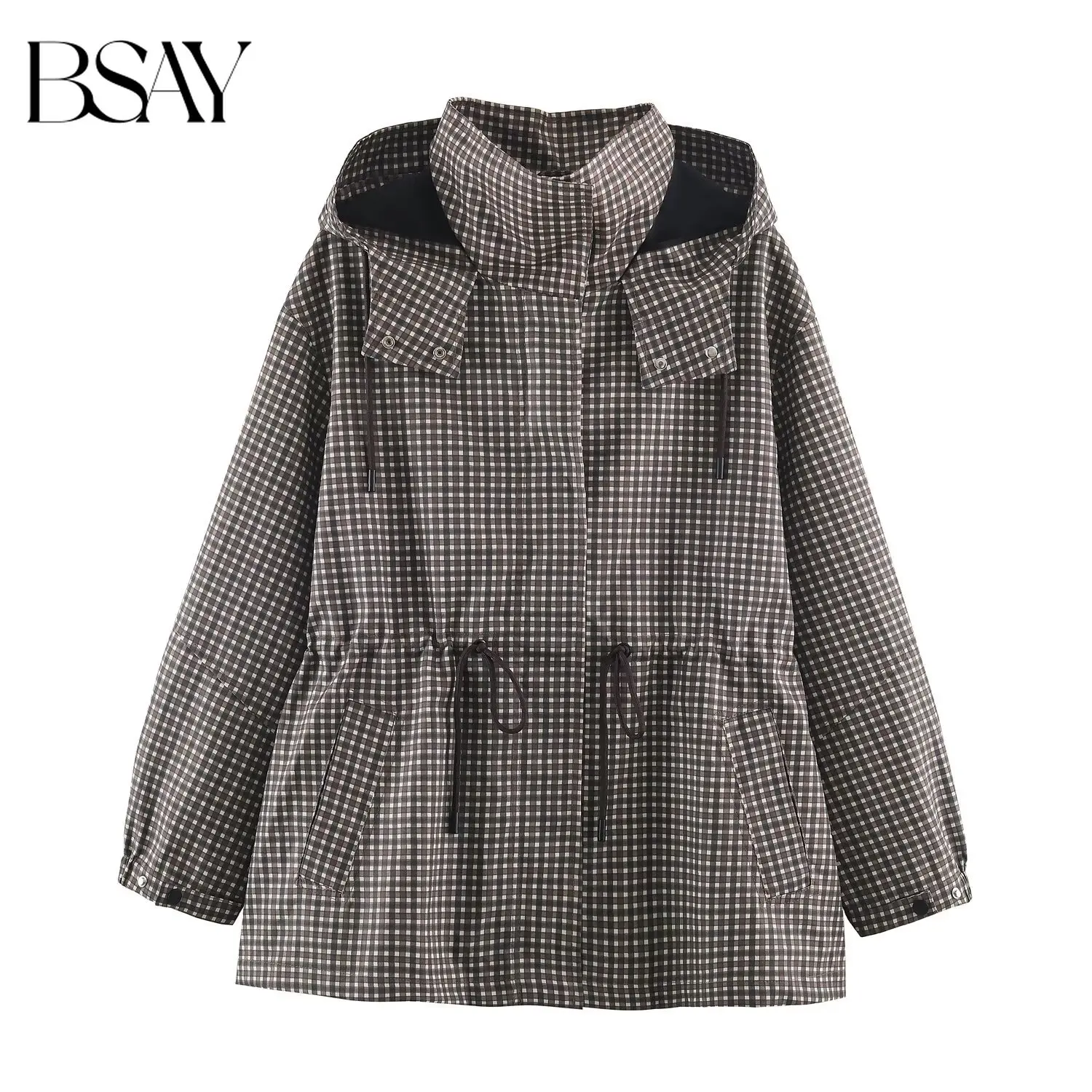 BSAY 2026 Minimalistische Damen-Windjacke mit Kapuze, kariert, mit Kordelzug in der Taille, locker geschnitten, mittellang, langärmelig, lässige Oberbekleidung.