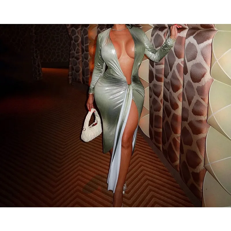 

Long Dress Woman Fall 2025 Shiny Block Deep Plunge V Neck Metal Straps Maxi Long Sleeve Skirt Metallic Party Clubwear Dresses
