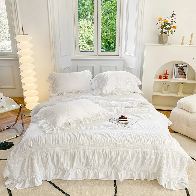 White Cute Seersucker Fabric Summer Air Conditioner Quilt Blankets Bedspread Comforter Bed Cover Sheet Pillowcase 1-4pcs #/