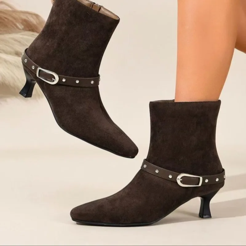 Fall/Winter New Pointed Toe Side Zipper Metal Buckle Stiletto Fashion Thin Velvet Temperament Pile Booties