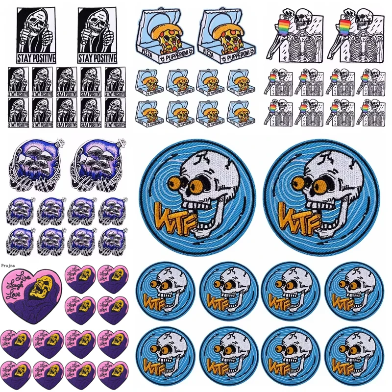 Prajna 10PCS/lots Punk Skull Embroidery Patch Iron On Patches For Clothing DIY Rock Skeleton Patches On Clothes Ironing Stickers