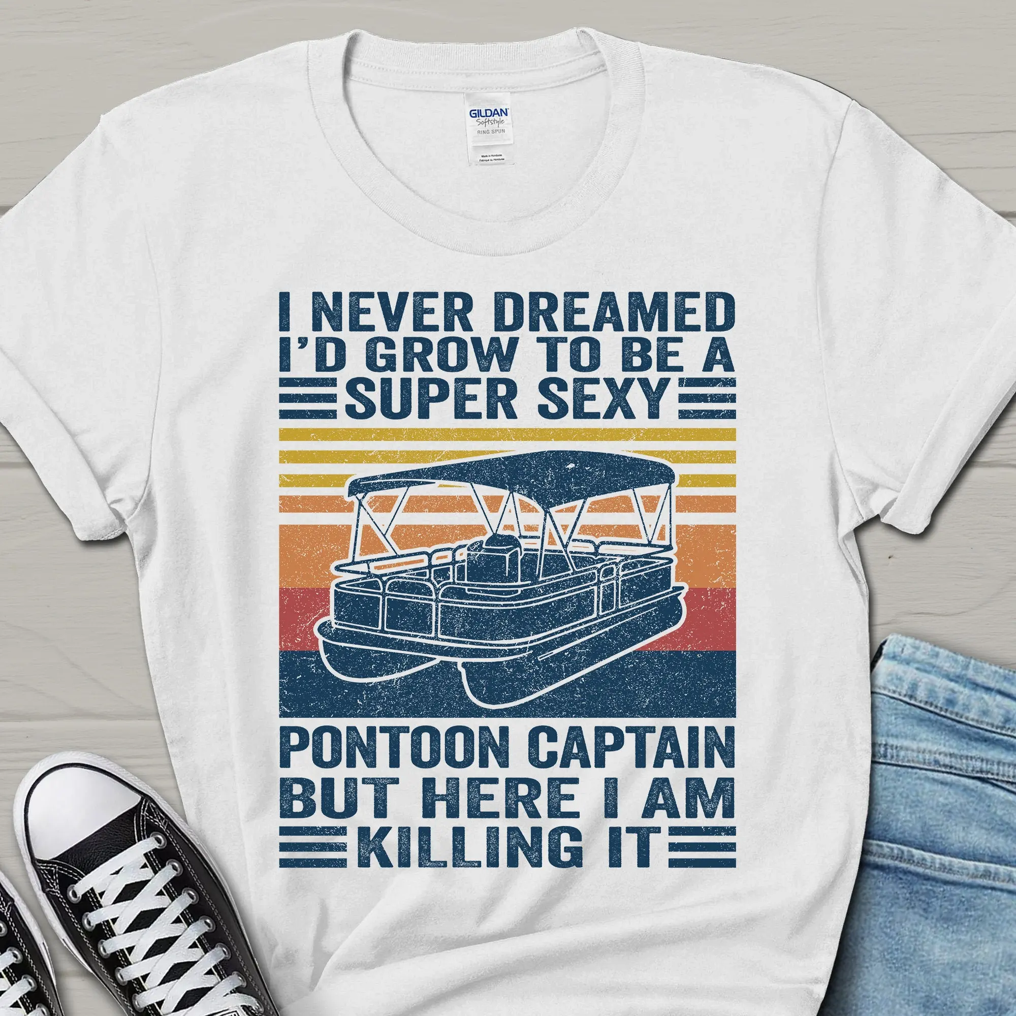 Pontoon Captain but Here I Am Killing IT T Shirt Funny Boat Father's Day for Husband