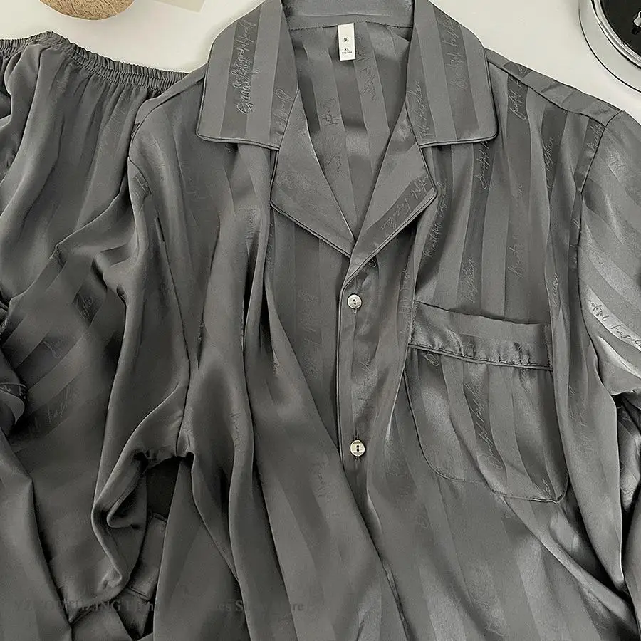 Men 2PCS Pajamas Set Loungewear Print Stripe Sleepwear Long Sleeve Trouser Suits Loose Silky Satin Home Clothes Night Wear 3XL - Image 3