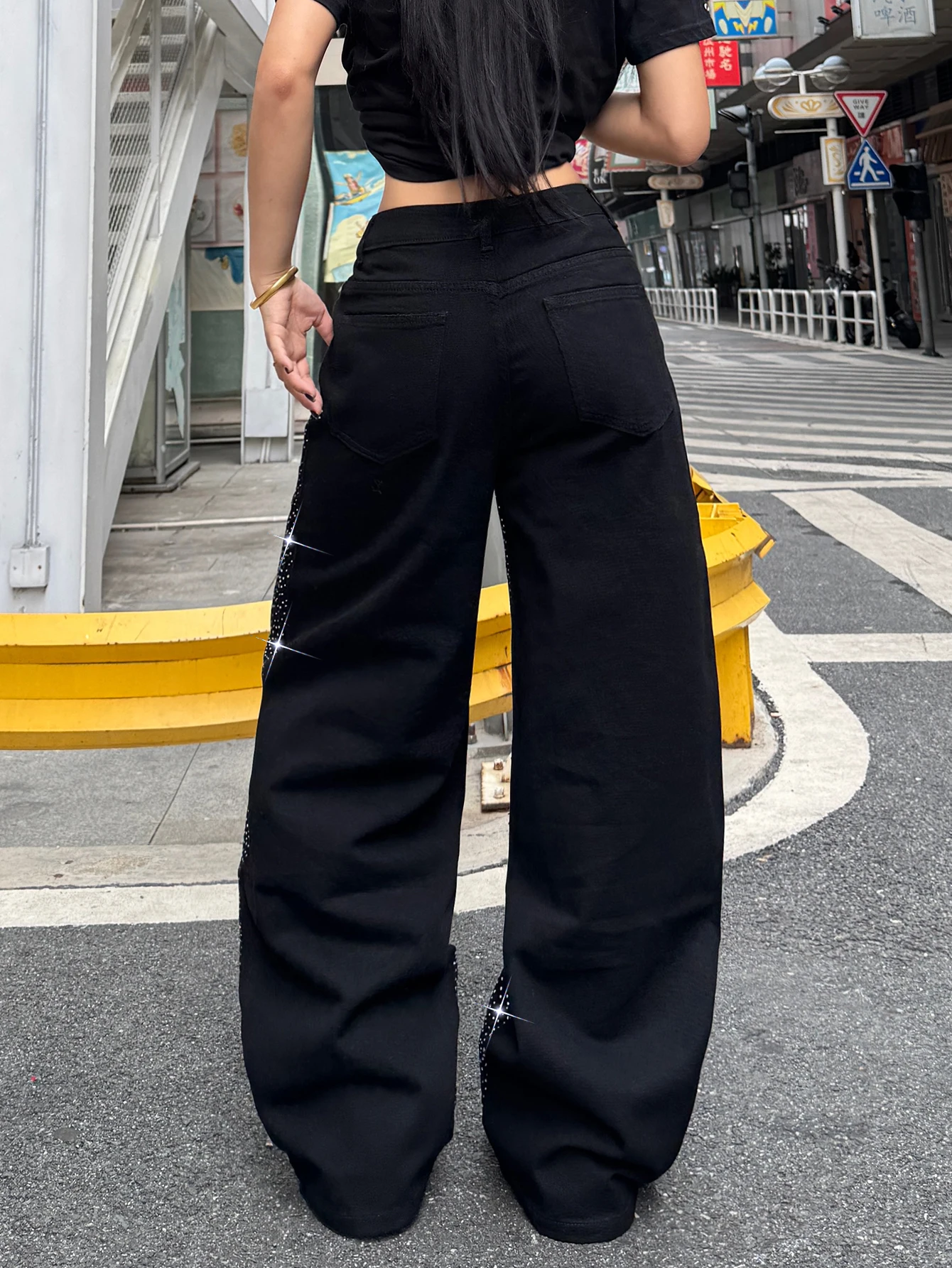 1 Pc American Vintage Star Rhinestone Loose Jeans, High Street Hip-Hop Fashion Versatile Black Wide-Leg Pants For Women
