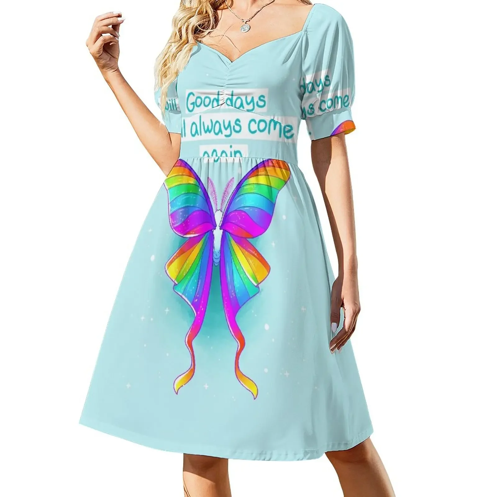 

Good Days Will Always Come Again Rainbow Moth Short-Sleeved Dress womens clothing Long dress
