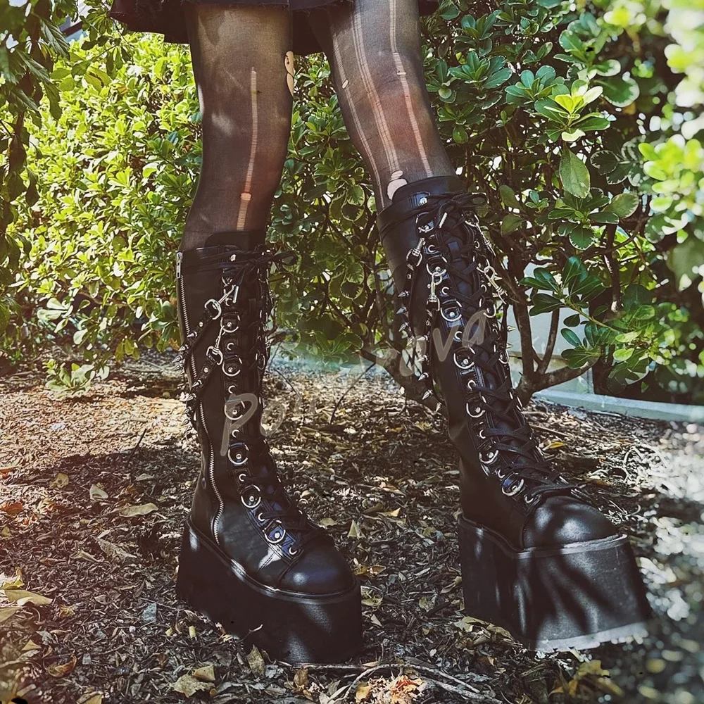 Gothic Punk Women Platform Boots Metal Chain Spike Studded Lace Up Knee High Boots Streetwear Black Thick Soled Winter Shoes