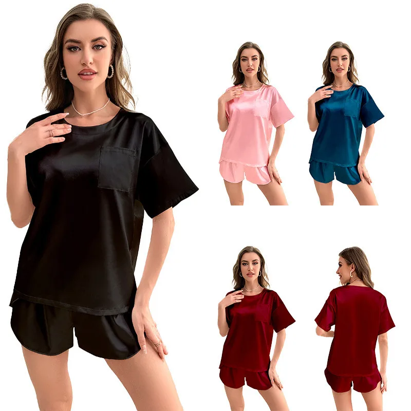 Two Pieces Pajamas Sleep Set Women Satin Short Sleeve Pullover Shorts Suit Summer O-Neck Sleepwear Nightgown Loungewear