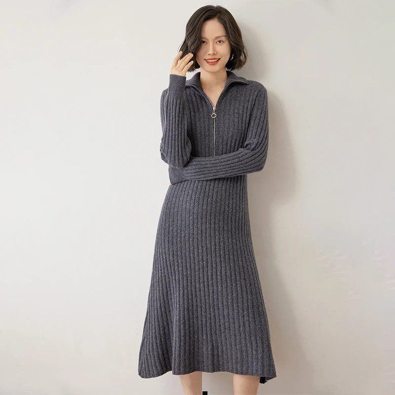 High-end Autumn Winter New 100% Cashmere Dress Long Sweater Women Knitted Dresses Female Fashion Lapel Neck Elastic Pullover