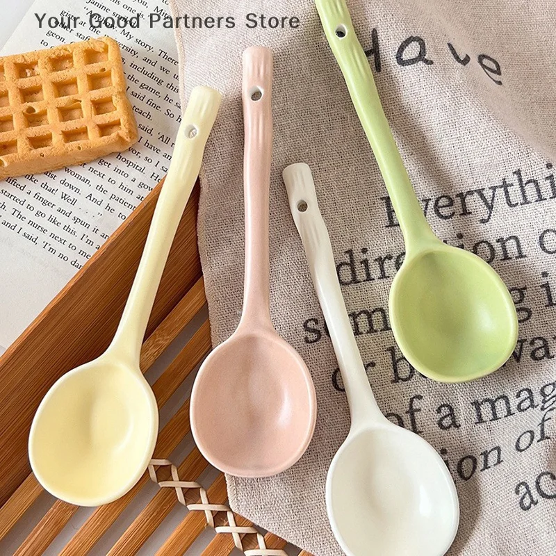 Candy Color Long Handle Ceramic Simplicity Irregular Dessert Soup Spoon Cutlery Portable Kitchen Utensils Supplies