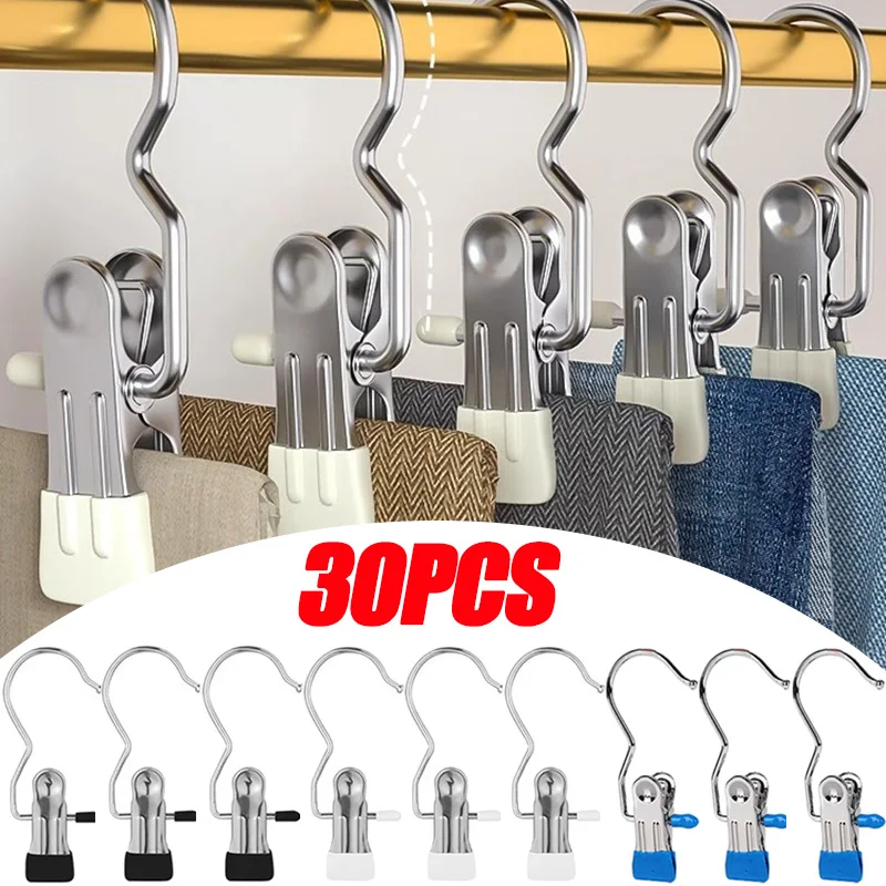 

5/30pcs Stainless Steel Clothespins with Hook Laundry Organizer Portable Hanging Clip Closet Hanger Efficient Clothes Management
