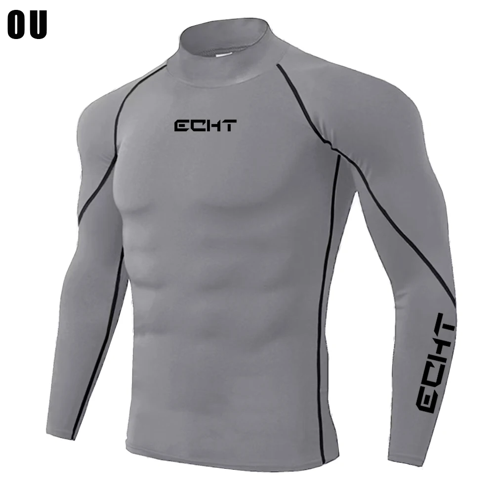 قميص رجالي مضغوط للتمرين بياقة مدورة وأكمام طويلة، قميص رياضي بطبقة أساسية من الطفح الجلدي، قميص رياضي