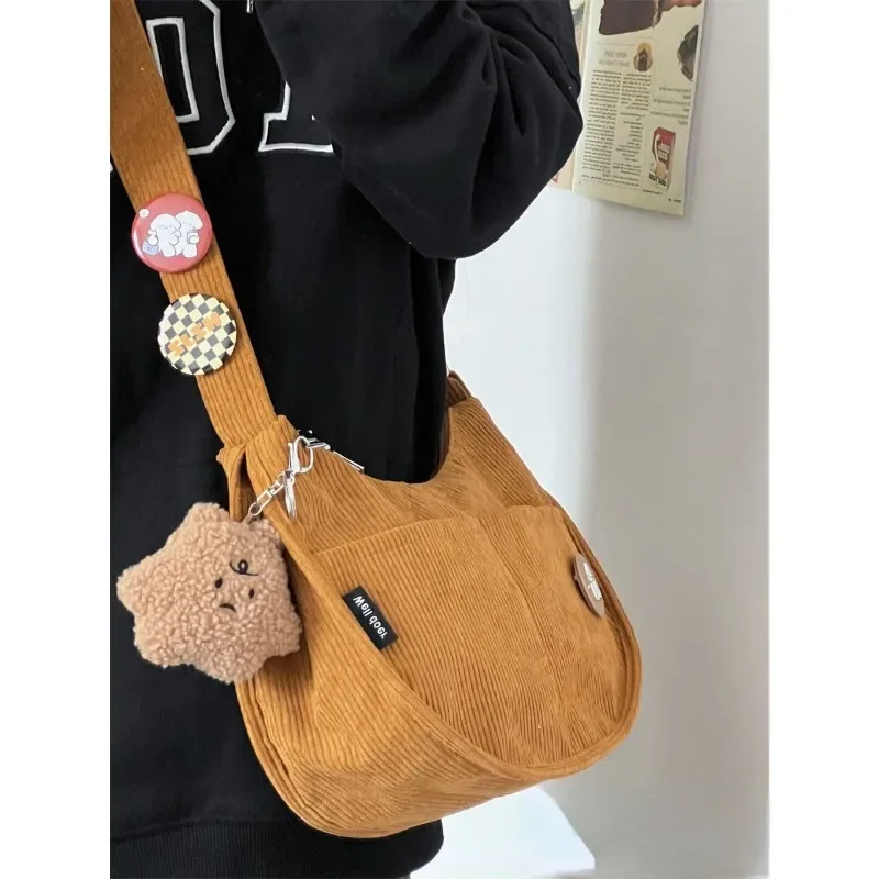 Xiuya Vintage Corduroy Shoulder Bags for Women Japanese Style Fashion Large Capacity Crossbody Bag Literary Commuter New Handbag