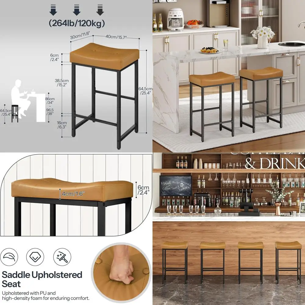 

25.4 Counter Height Bar Stools with PU Upholstery, Footrest, Ideal for Kitchen and Dining Rooms, Brown & Black