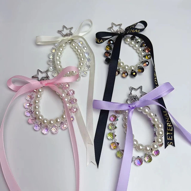 Ribbon Bowknot Crystal Pearl Bead Phone Chain Hanging Rope For Iphone Android Bag Pendant Key Chain Decoration Key Rings