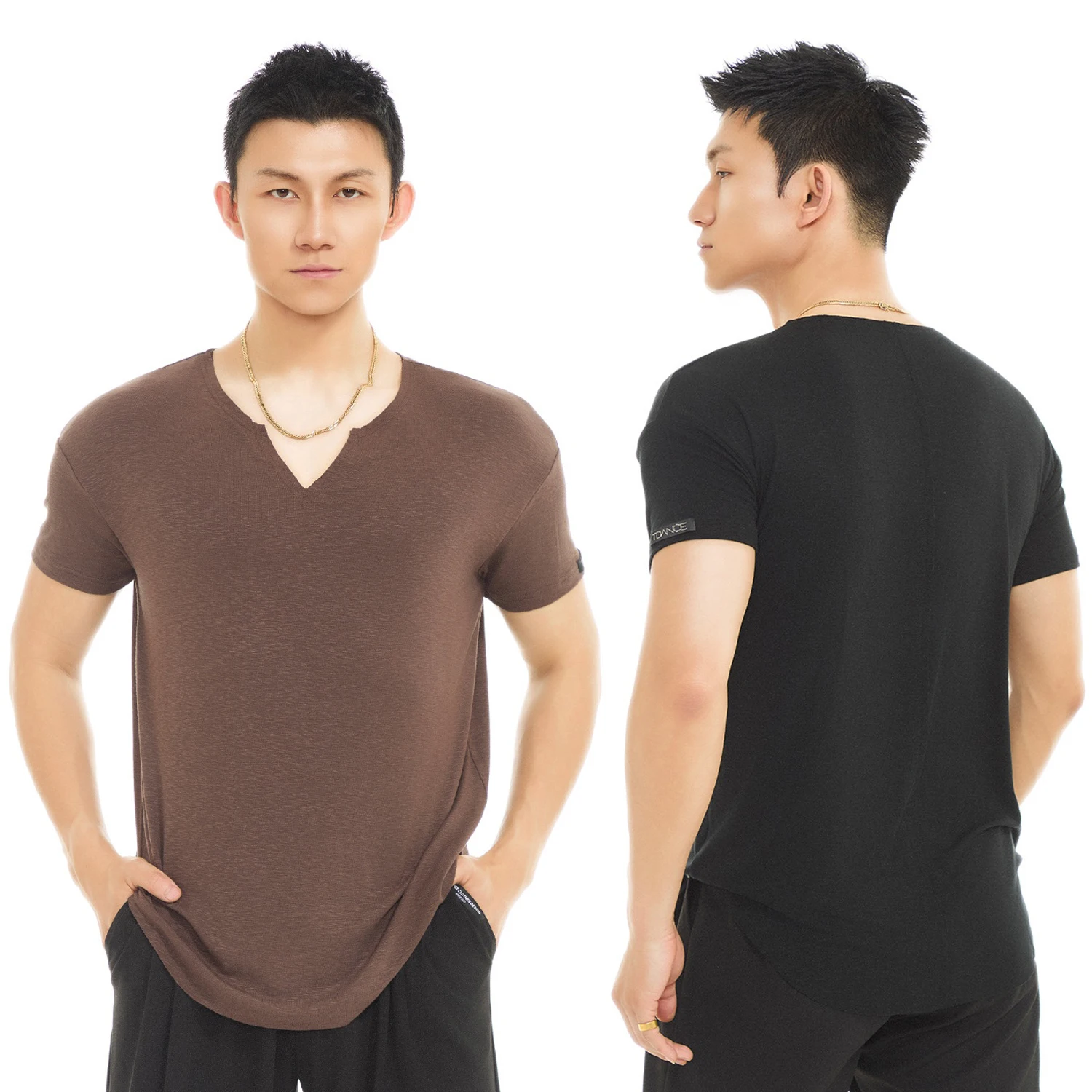 

Summer Latin Dance Tops Men Short Sleeves Practice Training Clothes Adult Cha Cha Rumba Salsa Dance T Shirt Black Brown DNV23602