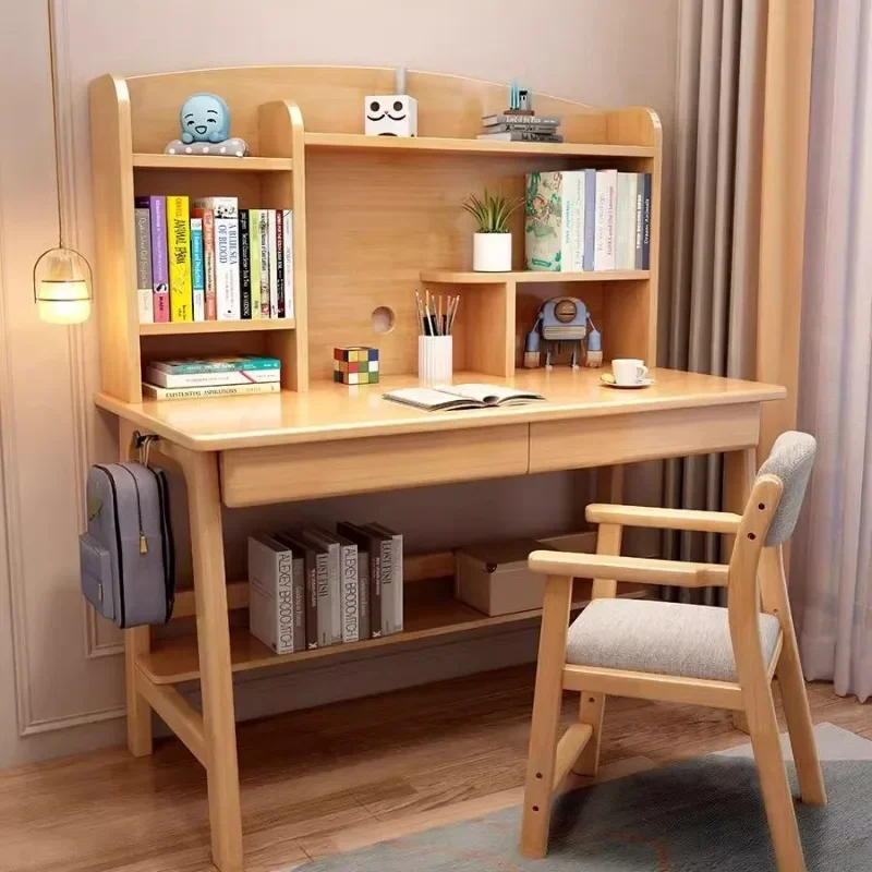 Children's solid wood desk bookshelf integrated table household primary and secondary school students