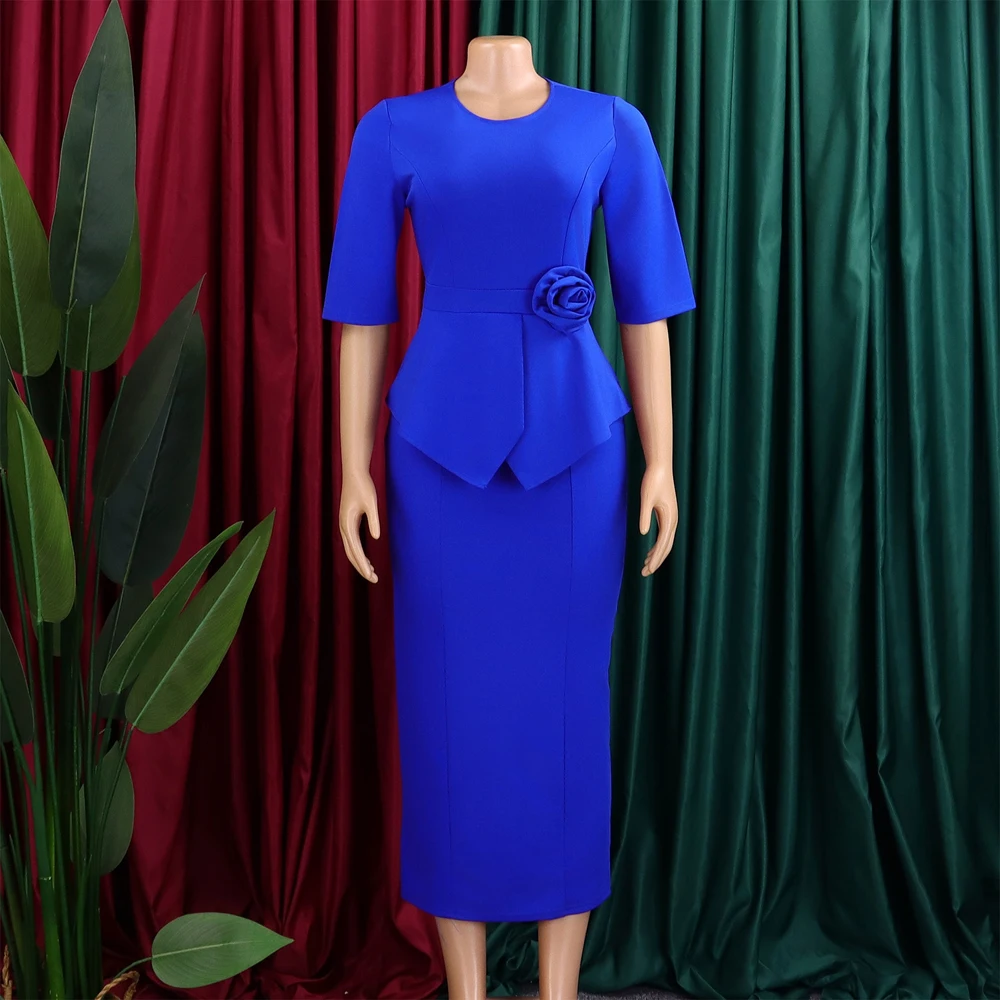 Trendige Sommerkleider für Damen, lässig, elegant, halblange Ärmel, O-Ausschnitt, Rüschen, Bürokleid, modisches afrikanisches Kleid mit 3D-Blumen – Detail 13