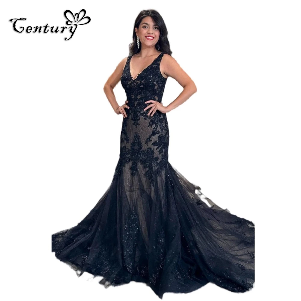 

Black Wedding Dress Mermaid Backless V-Neck Lace Appliques Beaded Gothic Bride Dress Vestido De Novia Boda 2025 Customized