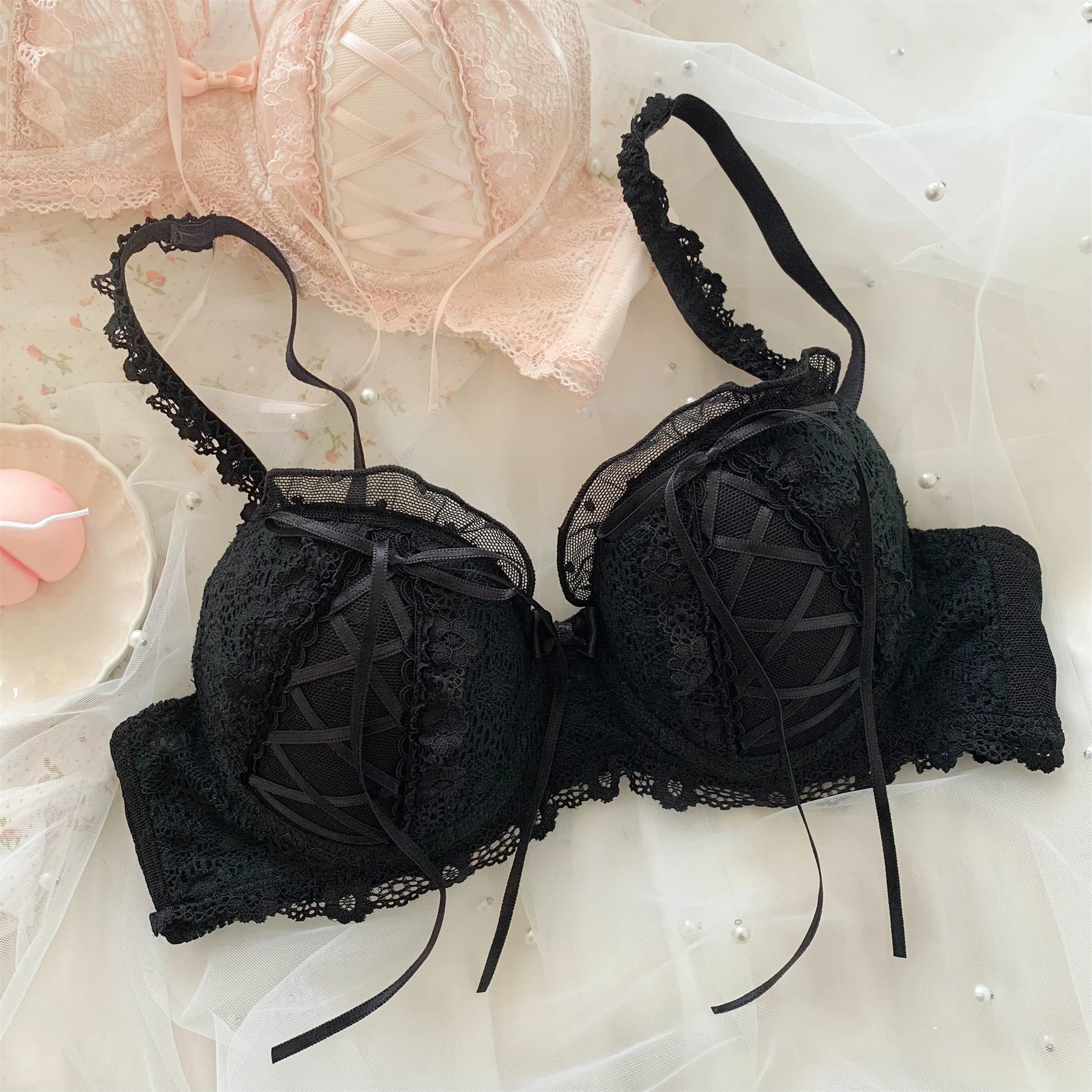 Lolita Lace Strapless Lingerie For Women Sweet Gathering 3/4 Bra Cute Japanese Girl Court Lolita Anti Sagging Bra