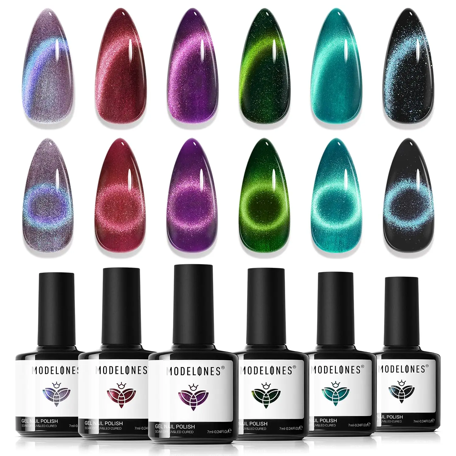 

modelones Cat Eye Gel Nail Polish, 6 Colors Glitter Red Green Purple Blue Gel Polish Set with Magnet Sparkle Galaxy Series Nail