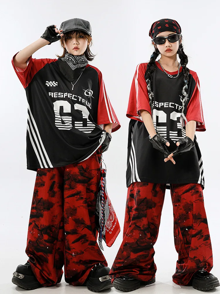 Kid Hip Hop Kleidung Set Jungen Street Dance Kostüm Mädchen Jazz Modern Dance Anzug Kontrast Farbe T-shirt Schwarz-rote Hosen