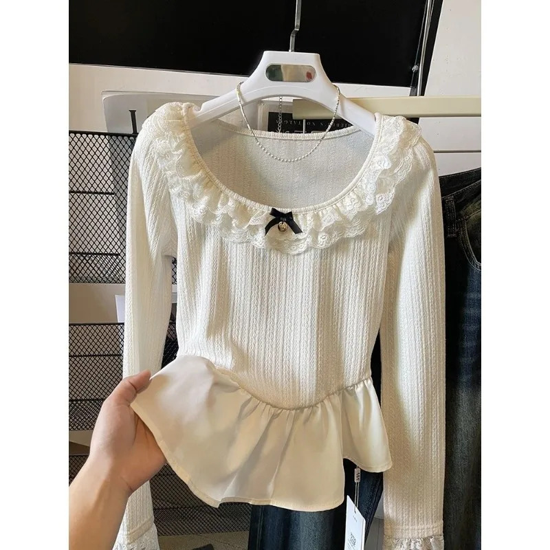 Korean Style Fashion Chic Apricot Color Splicing Lace Knit Top High Waist Ruffled Edge Long Sleeve Bow Sweet Sexy Women Knitwear