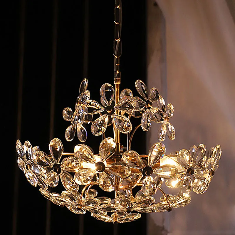 French Vintage Crystal Flower Copper Chandelier American Medieval Living Room Bedroom Dector Petal Romantic Hanging Lamp