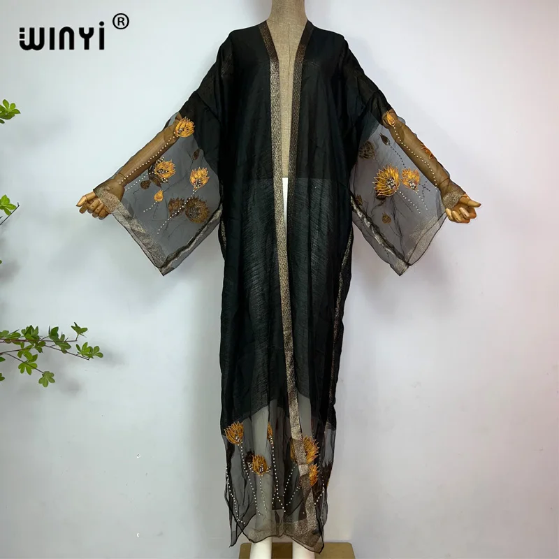 WINYI Kimonos donna di alta qualità ricamo di seta Cardigan manica lunga camicetta femminile allentato Casual beach Cover Up party kaftan