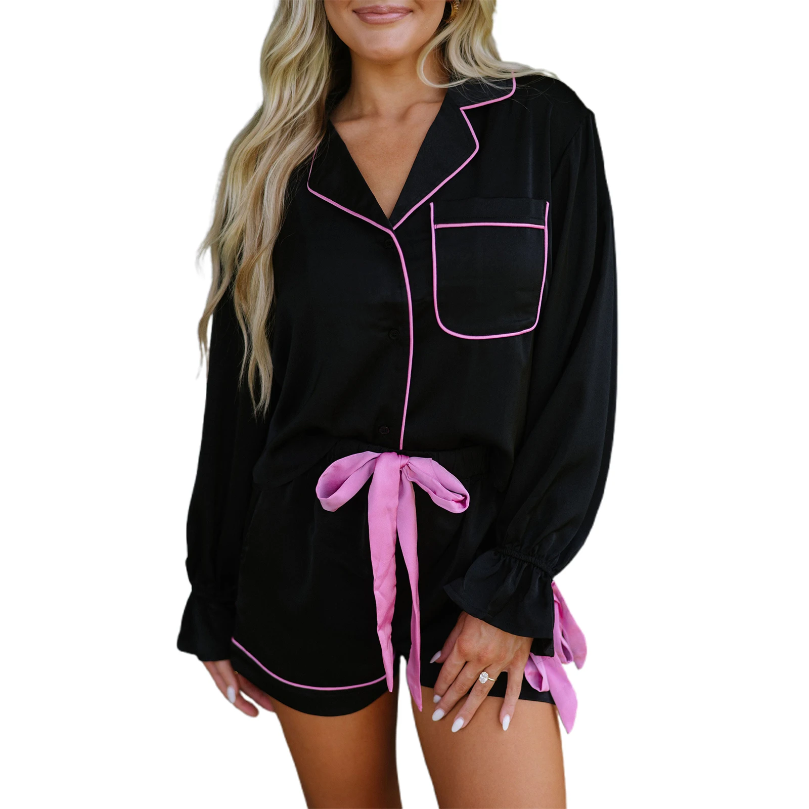 Champagne Glass Printed Pajama Shirt Cuffs Ribbon Long Sleeves Cropped Blouse Button Down Closure Sleepwear Matching Set