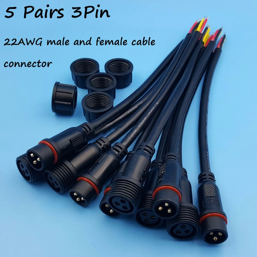 5 Pairs For 6A LED Light Bar Connector DIY UL94V-0 Waterproof 2/3-Pin 22AWG Wire LED Male And Female Cable Connector Black