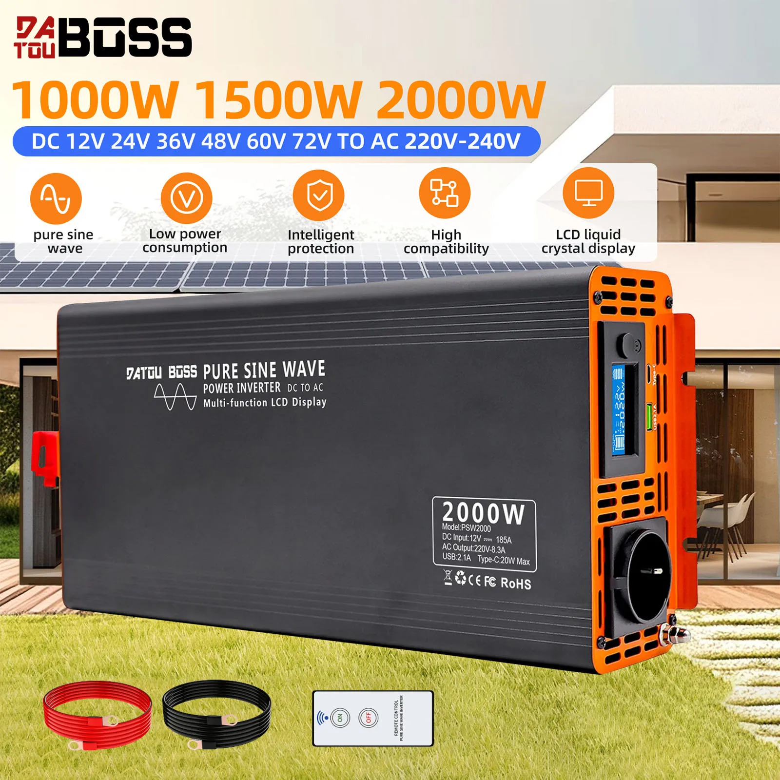 DATOUBOSS Pure Sine Wave Inverter 4000W DC 12V 24V 36V 48V 60V 72V to AC 220V 240V Power Inverter Continuous Power 2000W