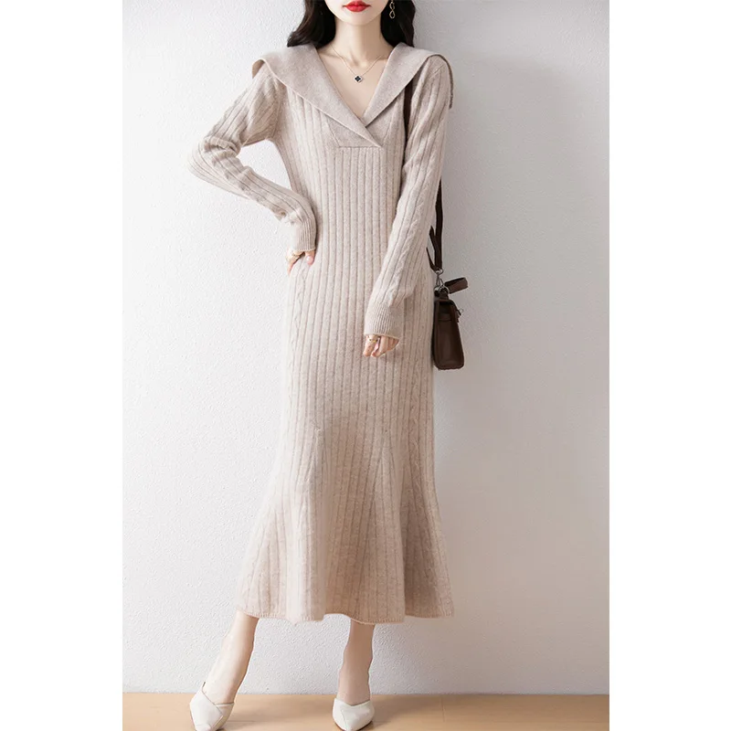 New Women Turn-down Collar Dress 100% Merino Wool Pullover Skirt Autumn Winter Knitted Long Sweater Female Chic Fishtail Dress