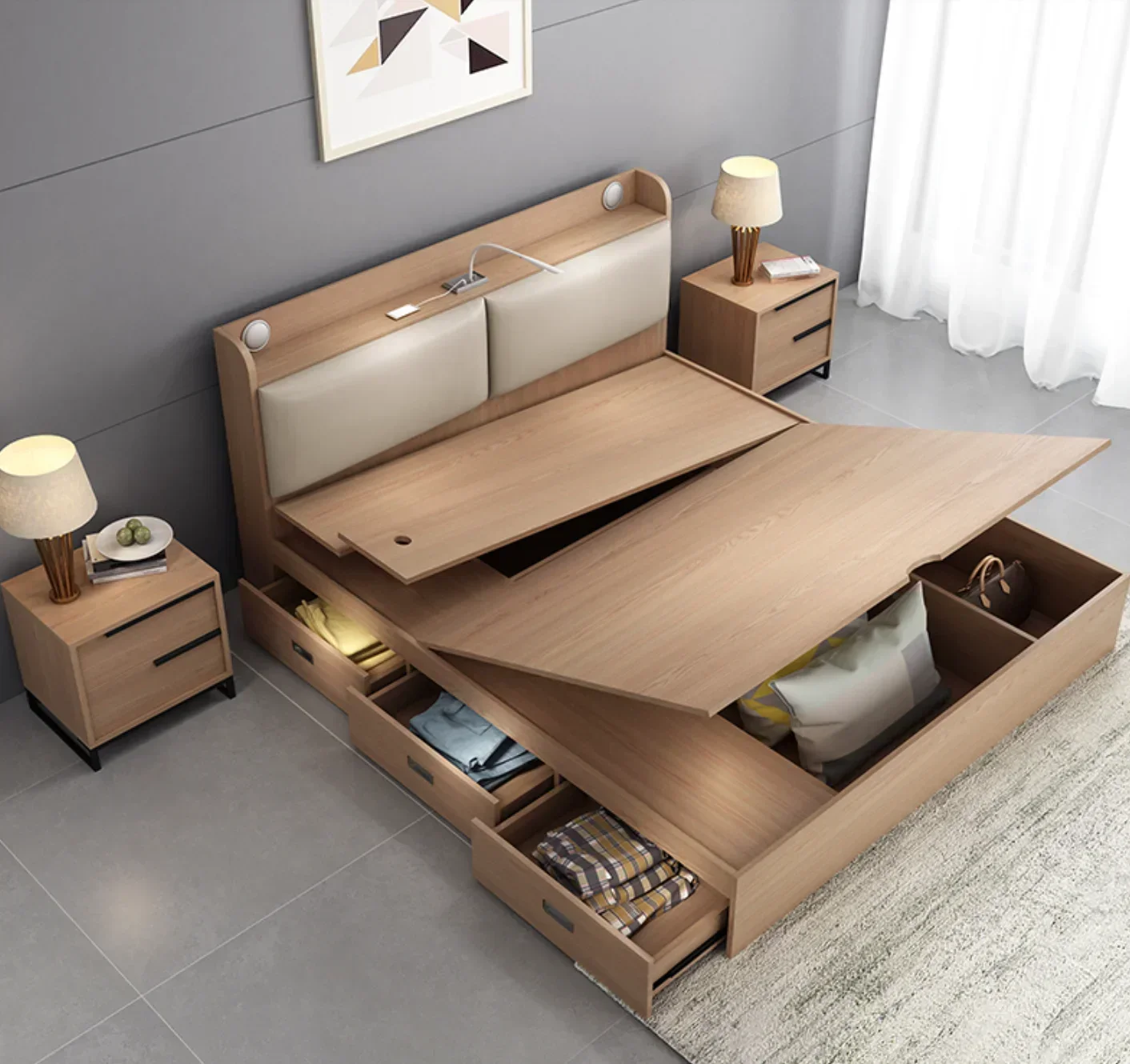 

#Modern King Size MDF Wooden Double bed with Storage Box drawer bedroom furniture bedroom sets.
