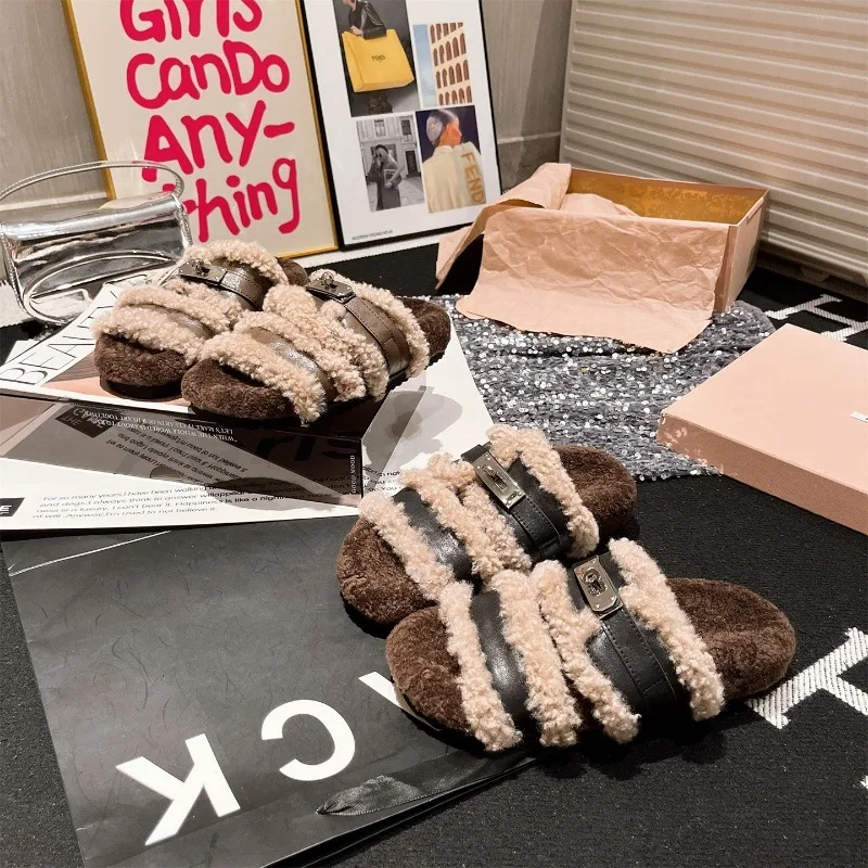 

Осень-зима 2022, новые женские модные тапочки Fury, модные бархатные нескользящие плюшевые хлопковые тапочки с пряжкой и толстой подошвой