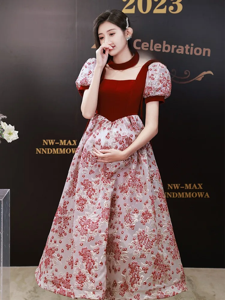 

Maternity Wedding Dress Light Ceremony Dress Bridal Gown for Pregnant Brides High Waist A-Line Skirt Short Sleeve V-Neck