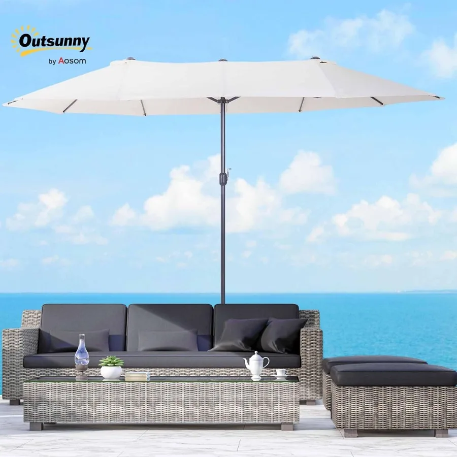 مظلة فناء كبيرة جدًا بطول 15 قدمًا من Outsunny مظلة خارجية كبيرة على الوجهين مع مقبض كرنك وفتحات تهوية لسطح الفناء الخلفي