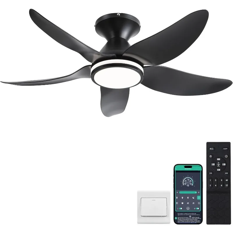 

Ceiling Fans with Lights and Remote/APP Control, 38 inch Low Profile Flush Mount Ceiling Fans with 5 Reversible Blades 6 Speeds